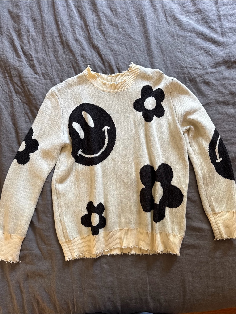 Cream Knit Sweater with Black Smiley & Flower Motif